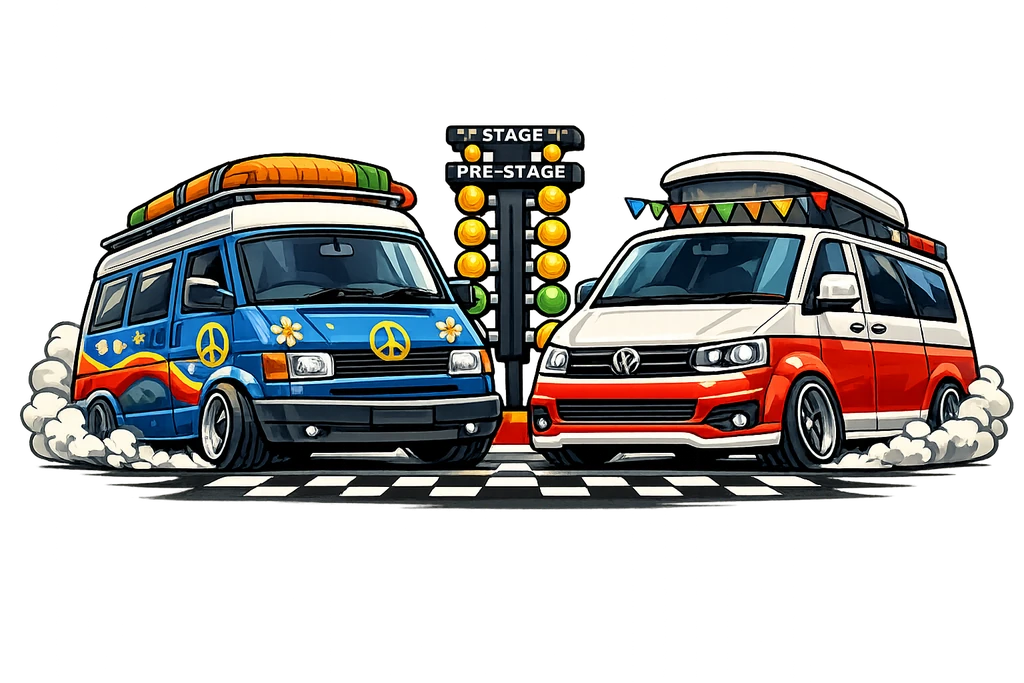 Two colourful Volkswagen campers lined up at the start lights